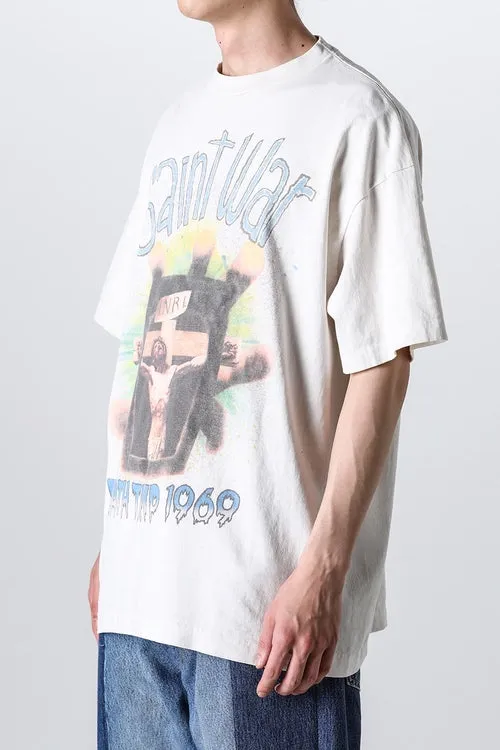 SAINT MICHAEL SAINT WAR TEE/WHAT new style Jesus cross retro short-sleeved, off-white S-XL, ready-to-wear, washed and distressed, printed repeatedly and modified, tube-woven seamless fabric, with little angel anti-counterfeiting label